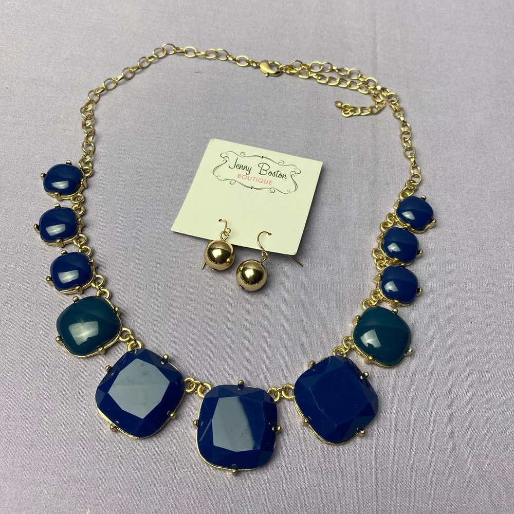 Gold Tone Blue Statement Necklace & Earrings